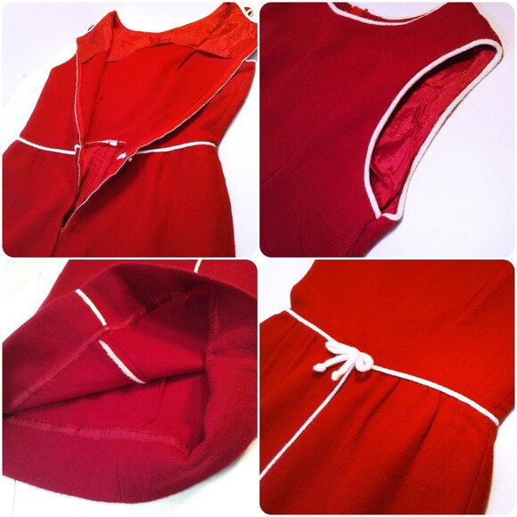 Vintage 60s Handmade Sheath Tank Dress Lady(8) Wool Piping-Trim Bow Zipper Red - Picture 7 of 10